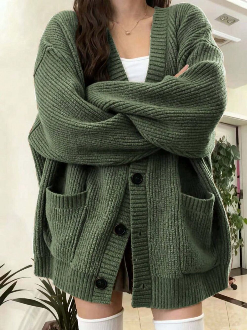 Army Green Casual Women's Elegant Knit Cardigan Sweater - Picture 3 of 3